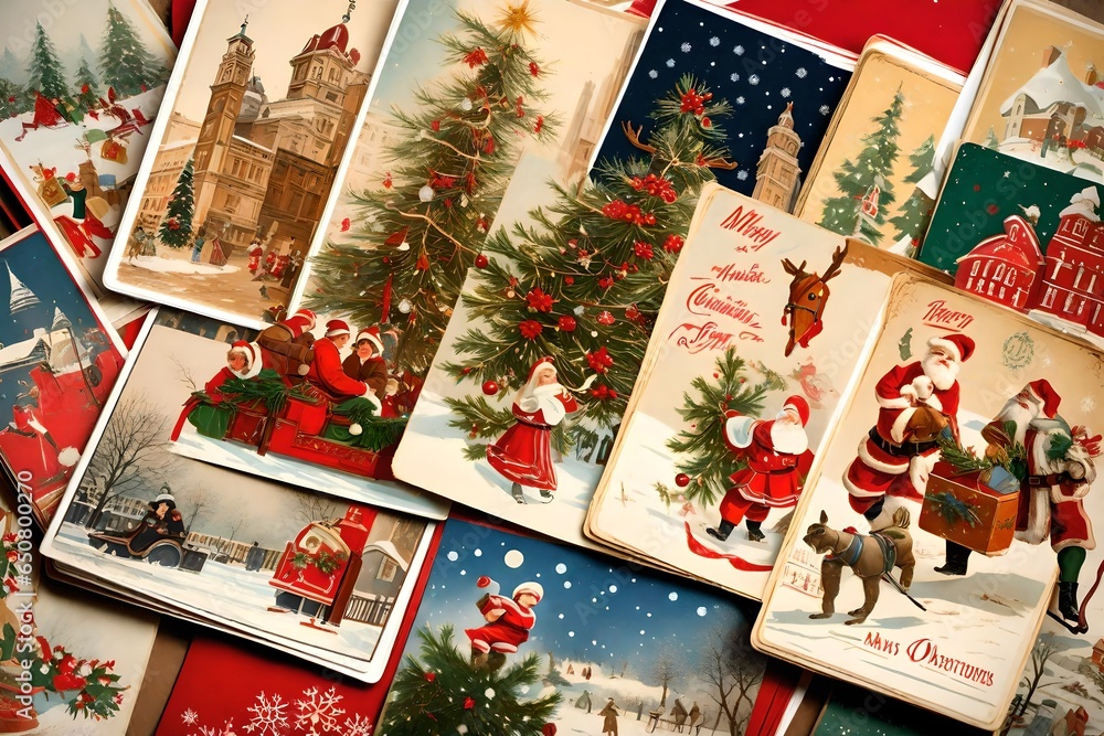 A stack of vintage Christmas cards from around the world, showcasing unique holiday traditions and artwork. - obrazy, fototapety, plakaty 
