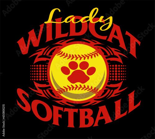 tribal lady wildcat softball team design with paw print inside ball for school, college or league sports