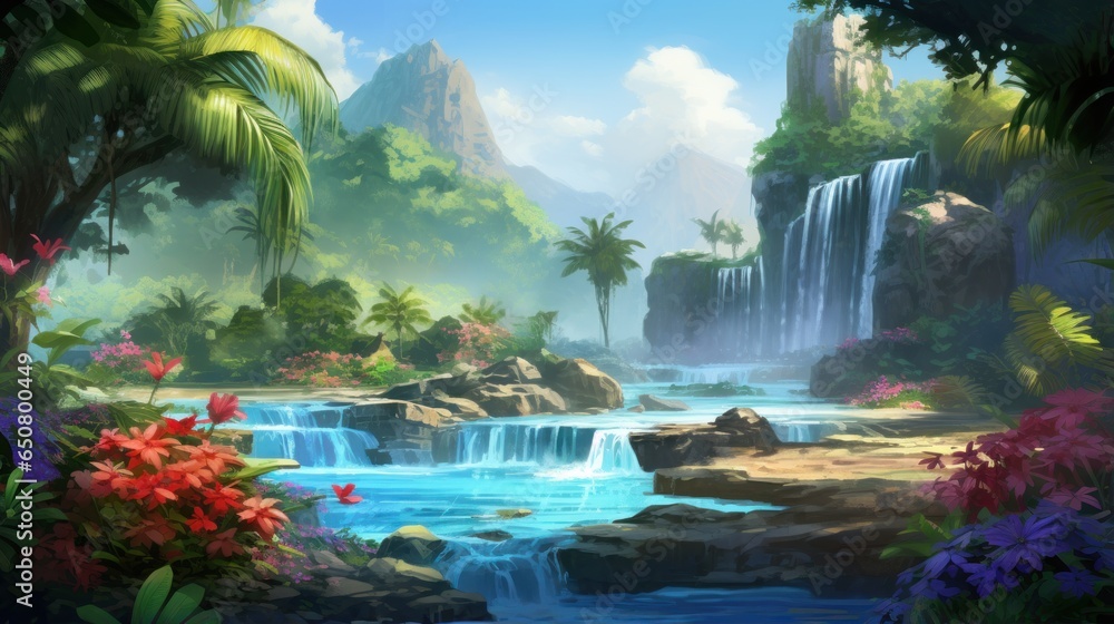 Tropical oasis surrounded by lush vegetation, vibrant flowers, and a magnificent cascading waterfall - obrazy, fototapety, plakaty 