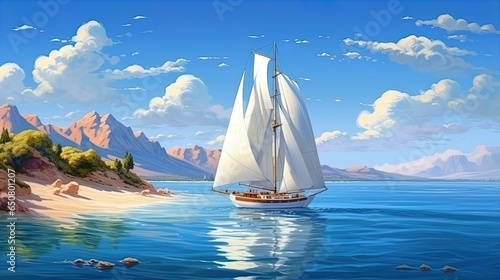 A beautiful snow-white yacht sails in the azure sea