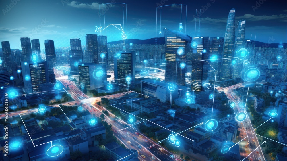 Visualize a smart city interconnected Internet of Things( IoT) devices, such as autonomous vehicles, smart streetlights, and energy