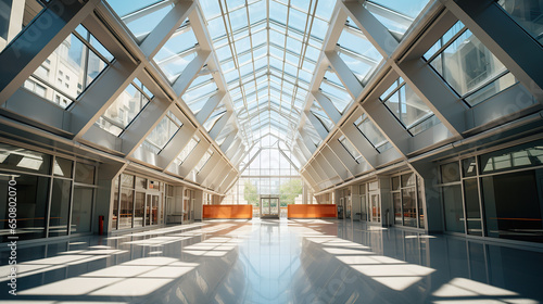 The interior of a modern building atrium with a glass ceiling