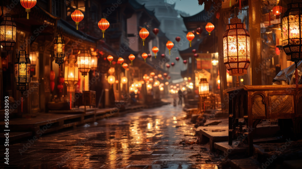 Vibrant Lanterns Adorning the Streets of an Ancient Town at Night.