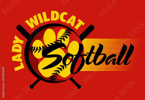 lady wildcat softball team design with stitches and paw print for school, college or league sports