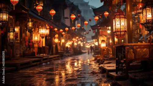 Vibrant Lanterns Adorning the Streets of an Ancient Town at Night.
