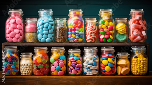 Vintage Candy Shop Window Display with Colorful Jars and Tins.