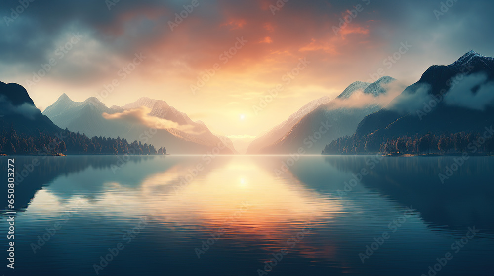 Serene Sunrise Over a Misty Mountain Lake with Reflective Waters.