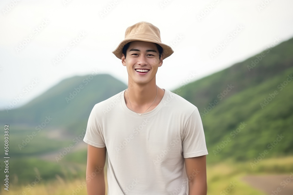 Happiness Asian Man In Beige Shorts On Mountain Scenery Background