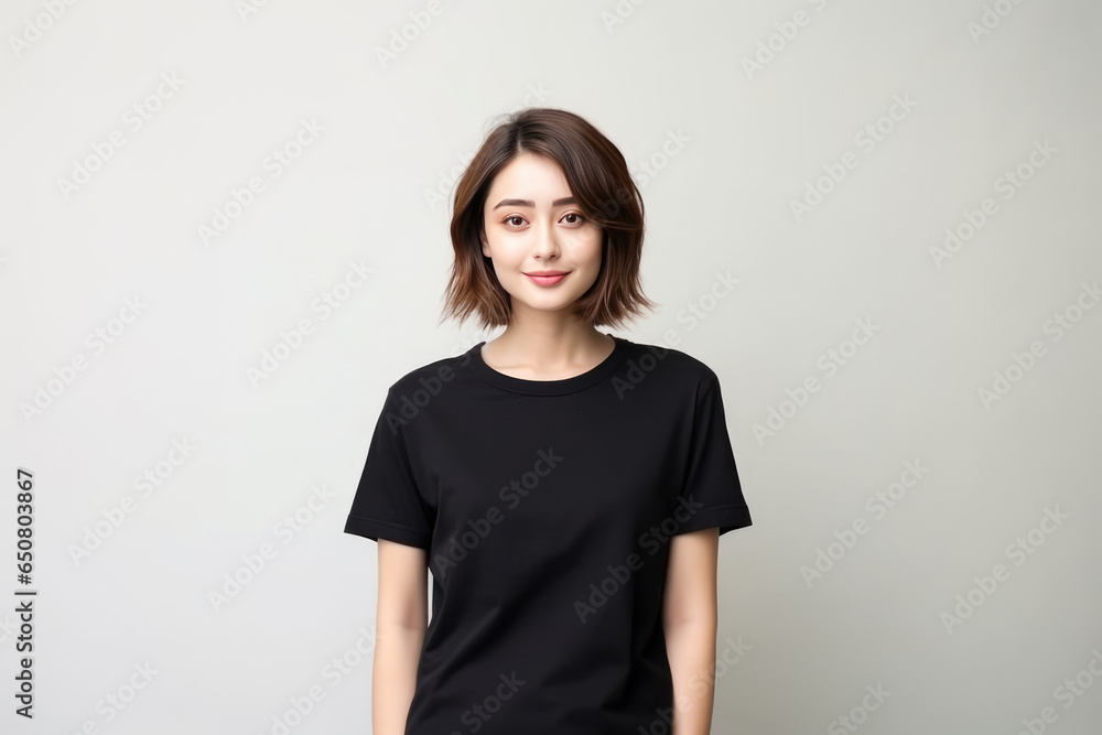 Obraz premium Mock Up Beautiful Woman In Black Tshirt And Jeans On White Background