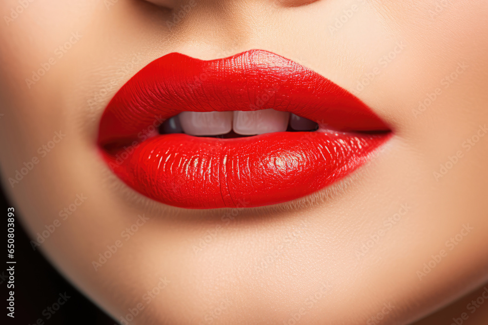 Close Up Of Womans Lips With Bright Red Lipstick Close Up Of Womans Lips With Bright Red Lipstick