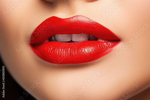 Close Up Of Womans Lips With Bright Red Lipstick