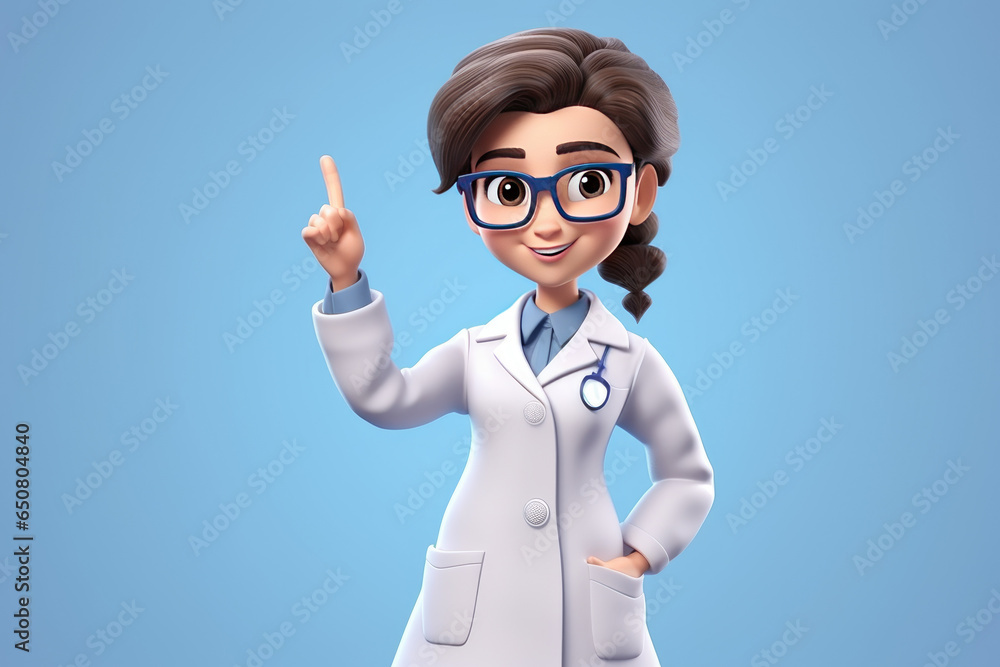 3d render. Cartoon character young caucasian woman doctor, wears glasses and uniform, shows like gesture thumb up.