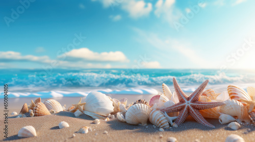 Sunlit Seashells and Starfish on Sandy Shore with Foamy Waves Nearby.