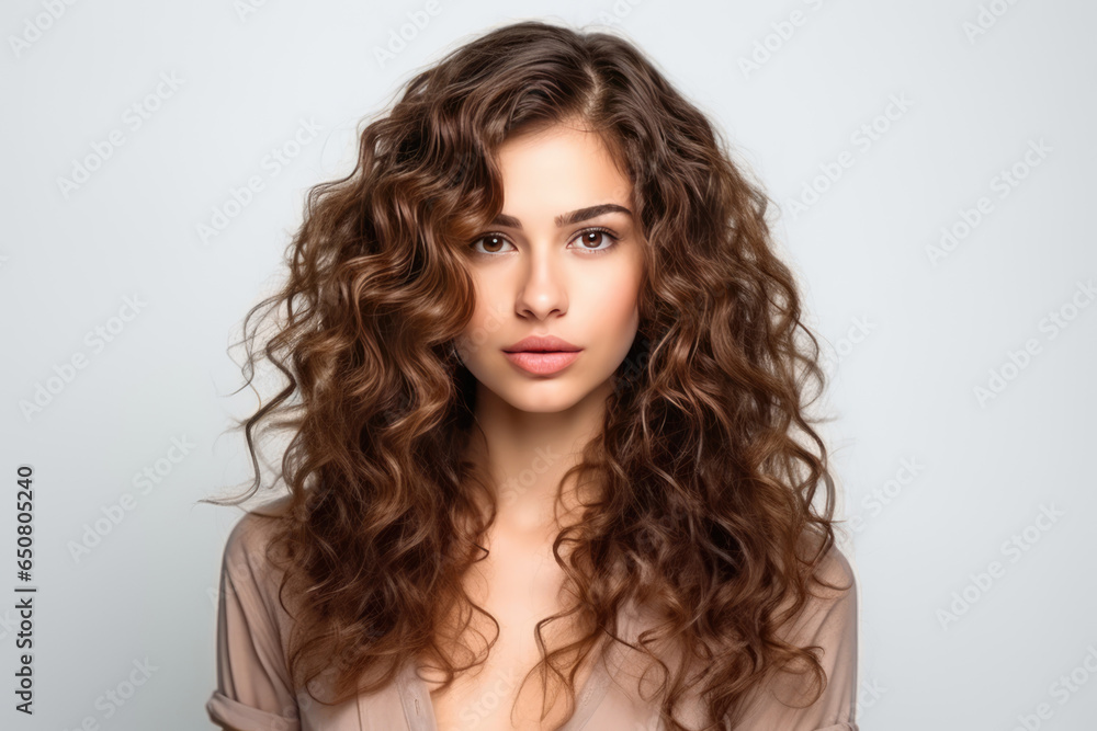 Naklejka premium Woman With Brunette Curly Long Hair On White Background . Сoncept Styling Long Curly Hair, Healthy Hair Care Tips, Natural Beauty For Women, Brunette Look Tutorials