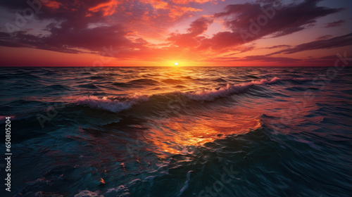 The horizon burns with a fiery orange and deep magenta, as the sun dips below the ocean. © maniacvector