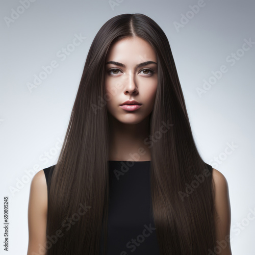 Woman With Brunette Straight Long Hair On White Background photo