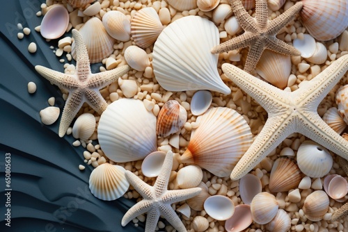 Seashells and starfish on a sandy beach with waves.  Summer background. Mediterranean Sea.  