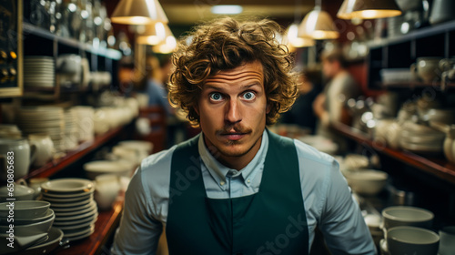 Captivating London barista with a strong expression of jealousy. This cafe worker is surrounded by a typical English coffee shop ambiance yet different, emulating envy and yearning. photo