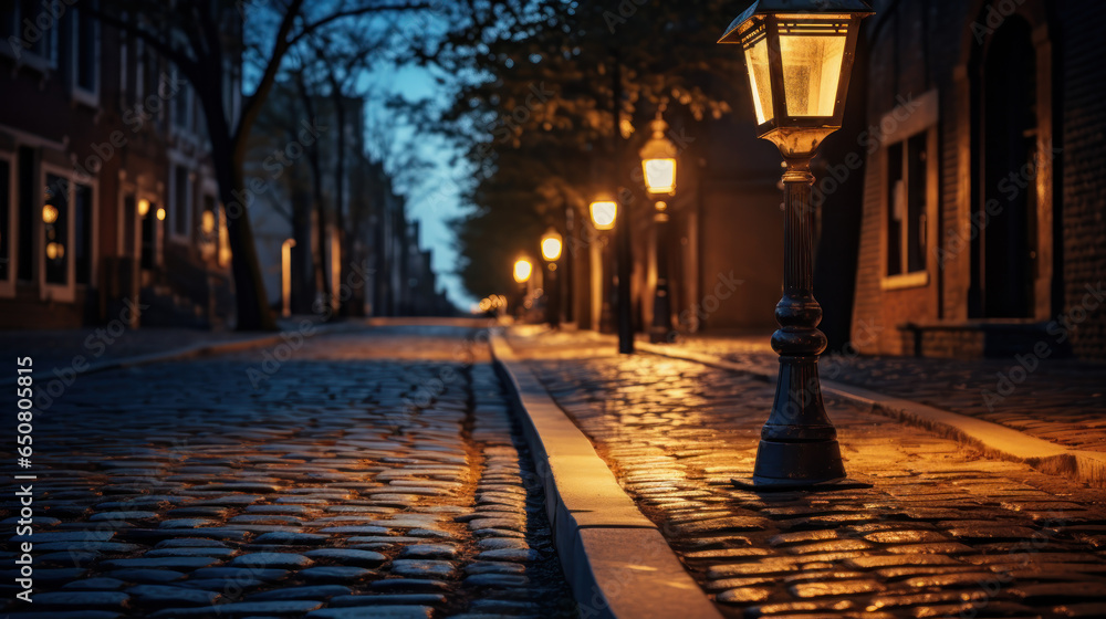 Vintage Streetlight Casting a Warm Glow on a Cobblestone Alley at Dusk.