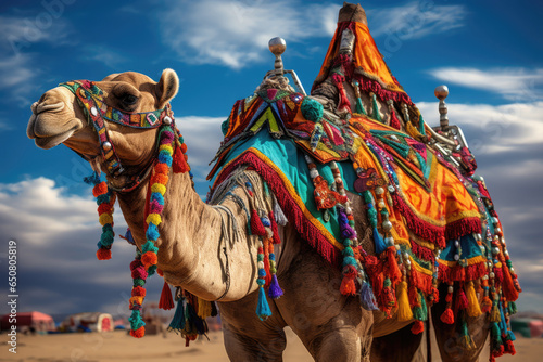 Camel with a colorful saddle, sky and sand on the background