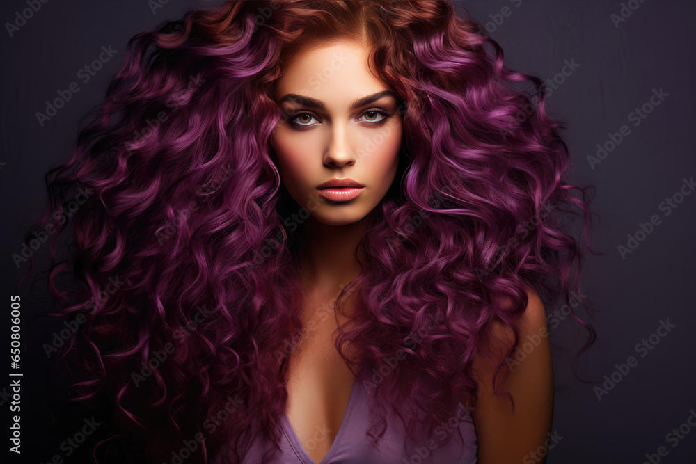 Woman With Long Purple Curly Hair . Сoncept Embracing Natural Hair