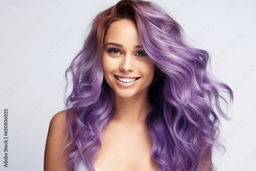 A Woman With Long Purple Hair Is Smiling A Woman With Long Purple Hair Is Smiling