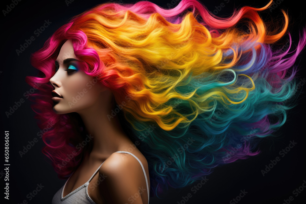 Woman With Rainbow Hair . Сoncept Rainbow Hair Dyes, Creative Hair Styling, Acceptance Of Diversity, Embracing Colorful Expression