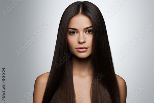 Woman With Brunette Straight Long Hair On White Background, Custom