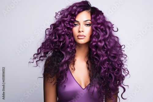 Woman With Purple Curly Long Hair On White Background