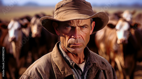 Emotionally charged dairy farmer, visibly irate amidst his cattle in pasture, exuding fury and irritation with milk bucket by side. photo