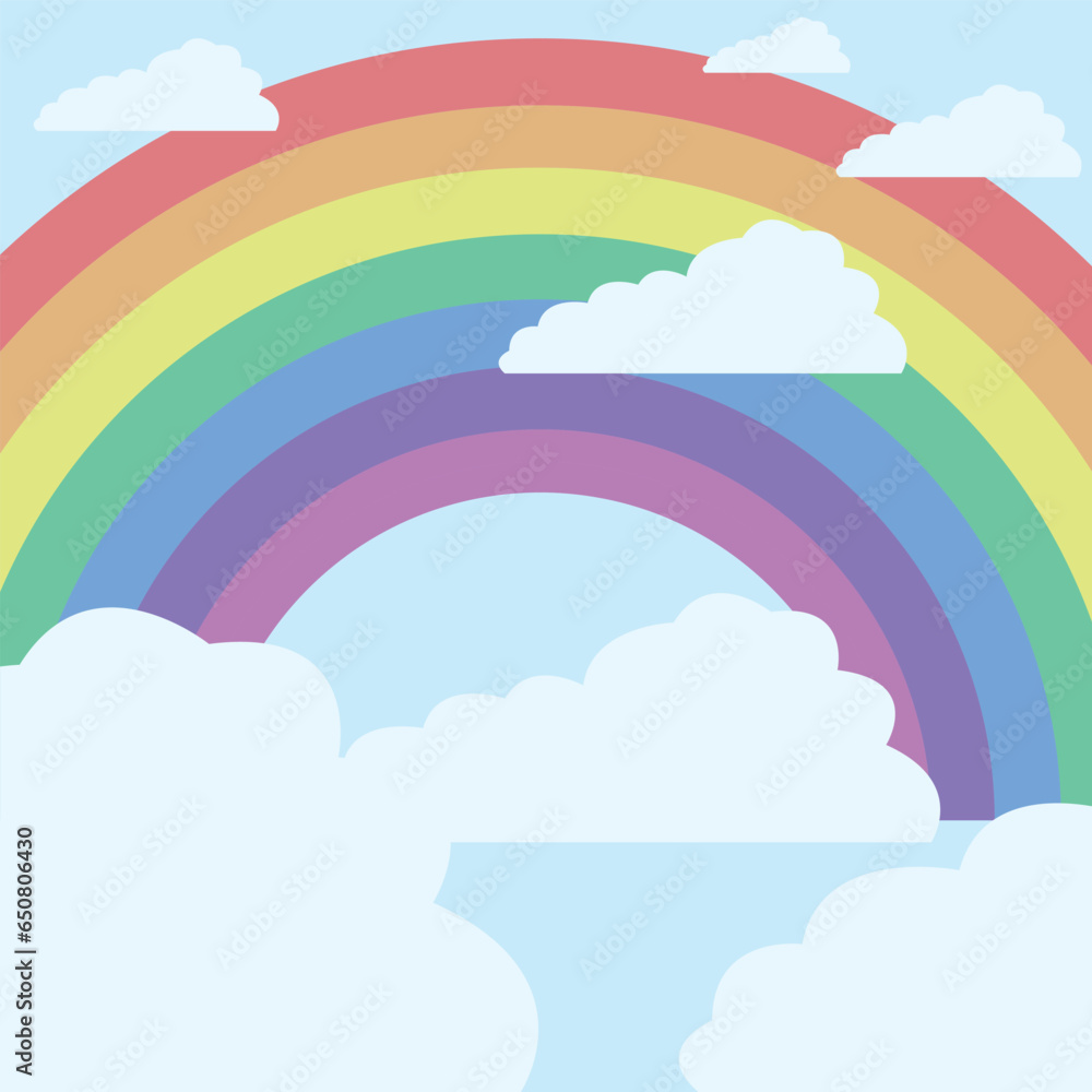 rainbow next to clouds on light blue background rainbow next to clouds on light blue background