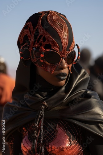 young stylish african woman in fashionable costume at burning man music festival, tribal style photo