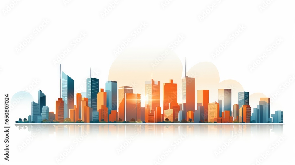 An urban skyline set against a white backdrop, featuring a perspective view of modern buildings in the cityscape. This city silhouette showcases the skyline of city skyscrapers.