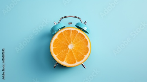 A creative concept featuring a fresh orange slice designed as an alarm clock, set against a soothing pastel blue background. This minimalist idea embodies a business concept.