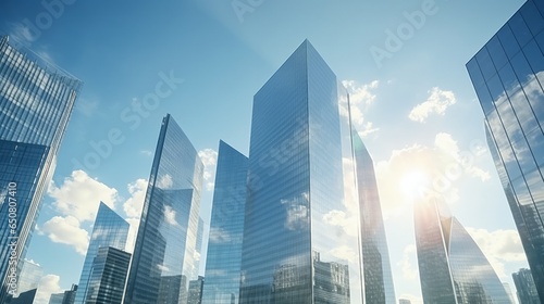 Glass facades of towering skyscrapers glistening under the bright sun and sunbeams against the backdrop of a clear blue sky. These modern buildings are located in the bustling business