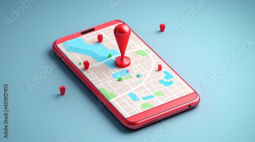 .Smartphone with map, 3D Map pins, GPS, navigator pin checking points, 3D World Map icon, technology and application mobile smart phone with mobile, delivery tracking, transportation, generate by AI