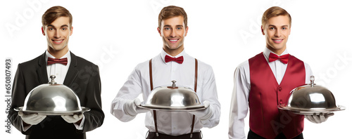 Set of hospitable smiling waiters holding trays with catering domes, cut out