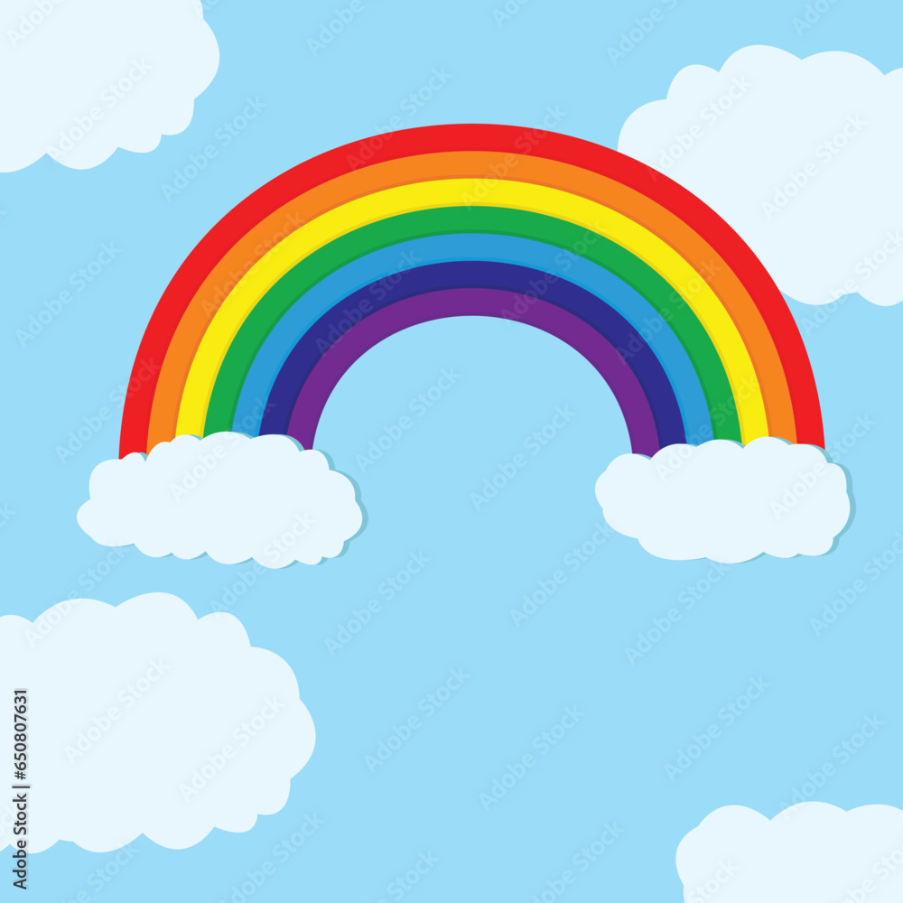 rainbow next to clouds on light blue background rainbow next to clouds on light blue background