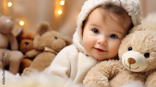 Christmas studio, cute baby with teddy bear doll and christmas decoration