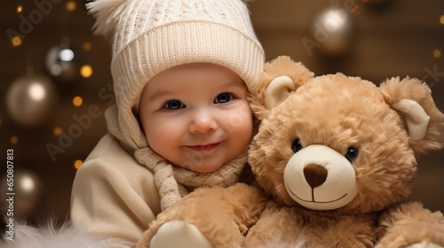 Christmas studio, cute baby with teddy bear doll and christmas decoration © thesweetsheep