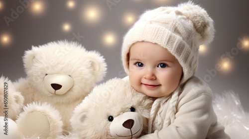 Christmas studio, cute baby with teddy bear doll and christmas decoration © thesweetsheep