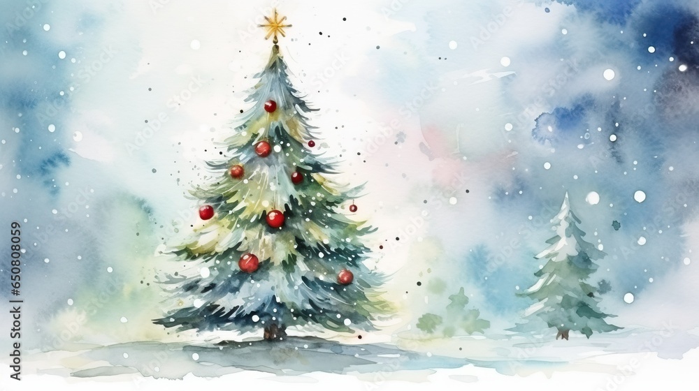 Christmas tree on christmas scene, water color
