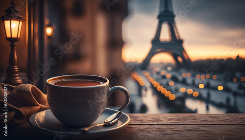 Cup coffee in the background Paris Eiffel Tower. Generative AI, photo