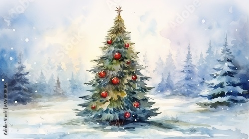 Christmas tree on christmas scene, water color © thesweetsheep