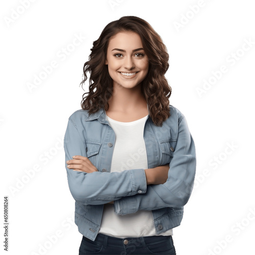 Female university student smiling happily on PNG transparent background