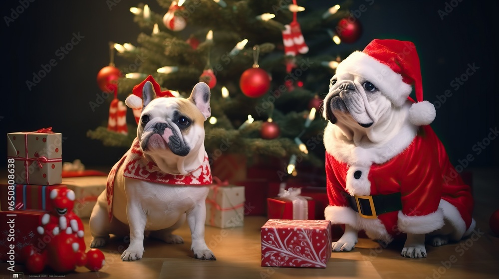 Dog in Christmas costume. French bulldog santa Dog in Christmas costume. French bulldog santa