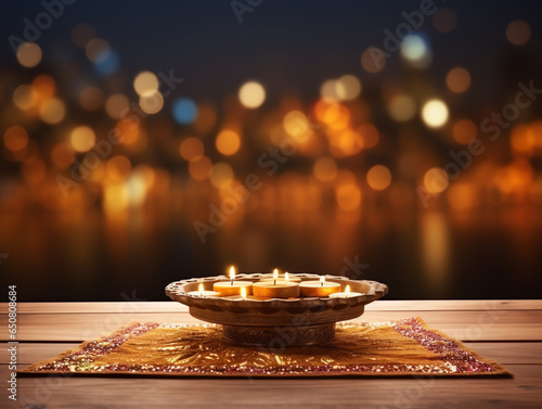 Blank wooden tabletop with light lantern for diwali festival background photo