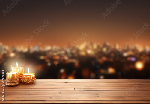 Blank wooden tabletop with light lantern for diwali festival background photo