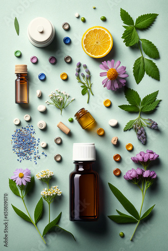 Herb oil bottles homeopathy herbs. Generative AI 