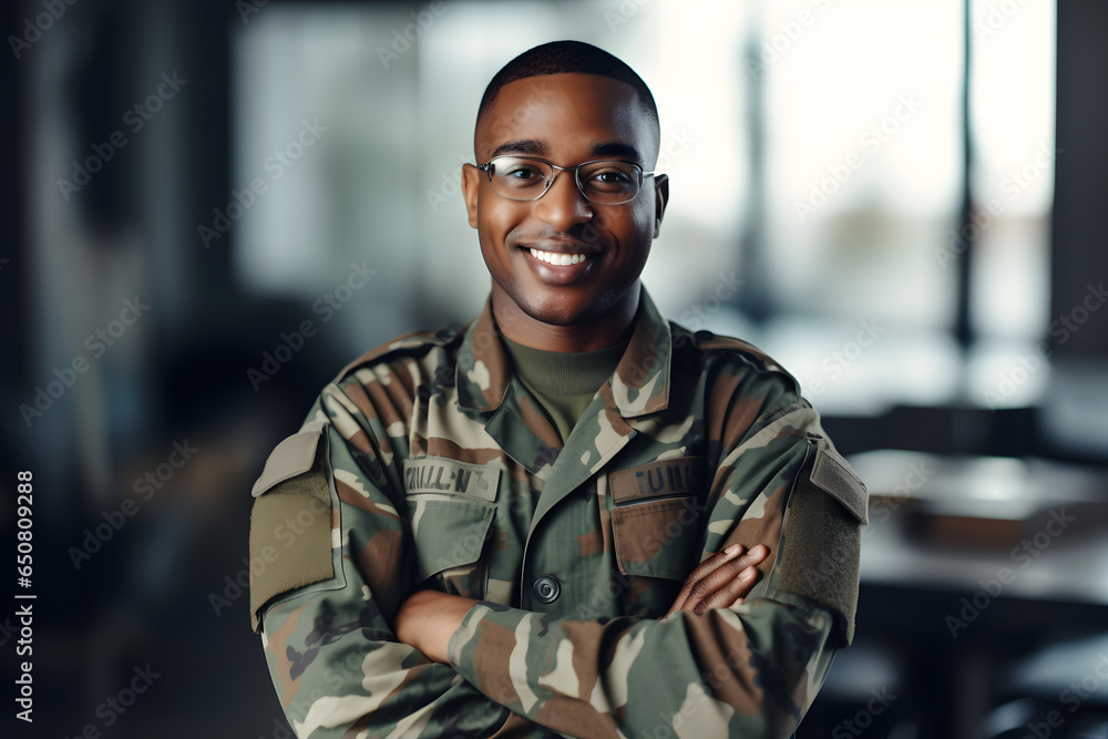 Portrait of soldier with smile, confidence and pride at army building, arms crossed and happy professional. Military career, security and courage, black man in camouflage uniform at government agency - obrazy, fototapety, plakaty 